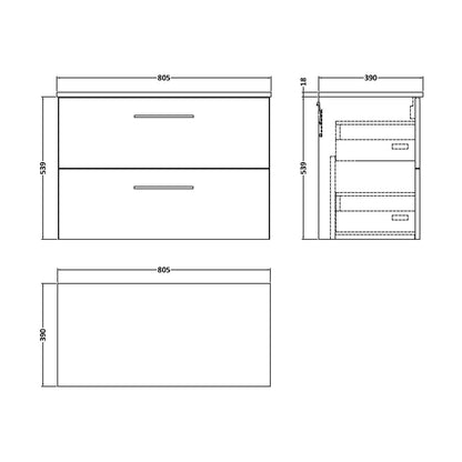 [BFLE2926W] Balterley Level Modern Bathroom 800mm Wall Hung 2 Soft Close Drawer Vanity Unit with Worktop, 558 x 805 x 390mm, Midnight Blue - Technical Drawing