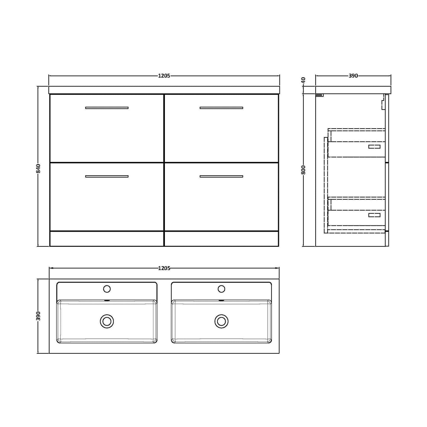 [BFLE2933C2] Balterley Level 1200mm Floor Standing 4 Drawer Vanity Unit with Double Basin, Handles & Overflow for Bathroom Storage Gloss White - Technical Drawing