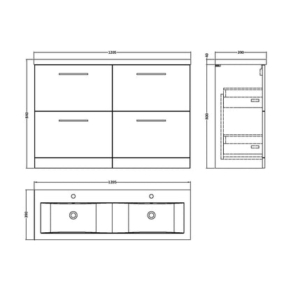 [BFLE2933F2] Balterley Level 1200mm Floor Standing 4 Drawer Vanity Unit with Double Basin, Handles & Overflow for Bathroom Storage Gloss White - Technical Drawing
