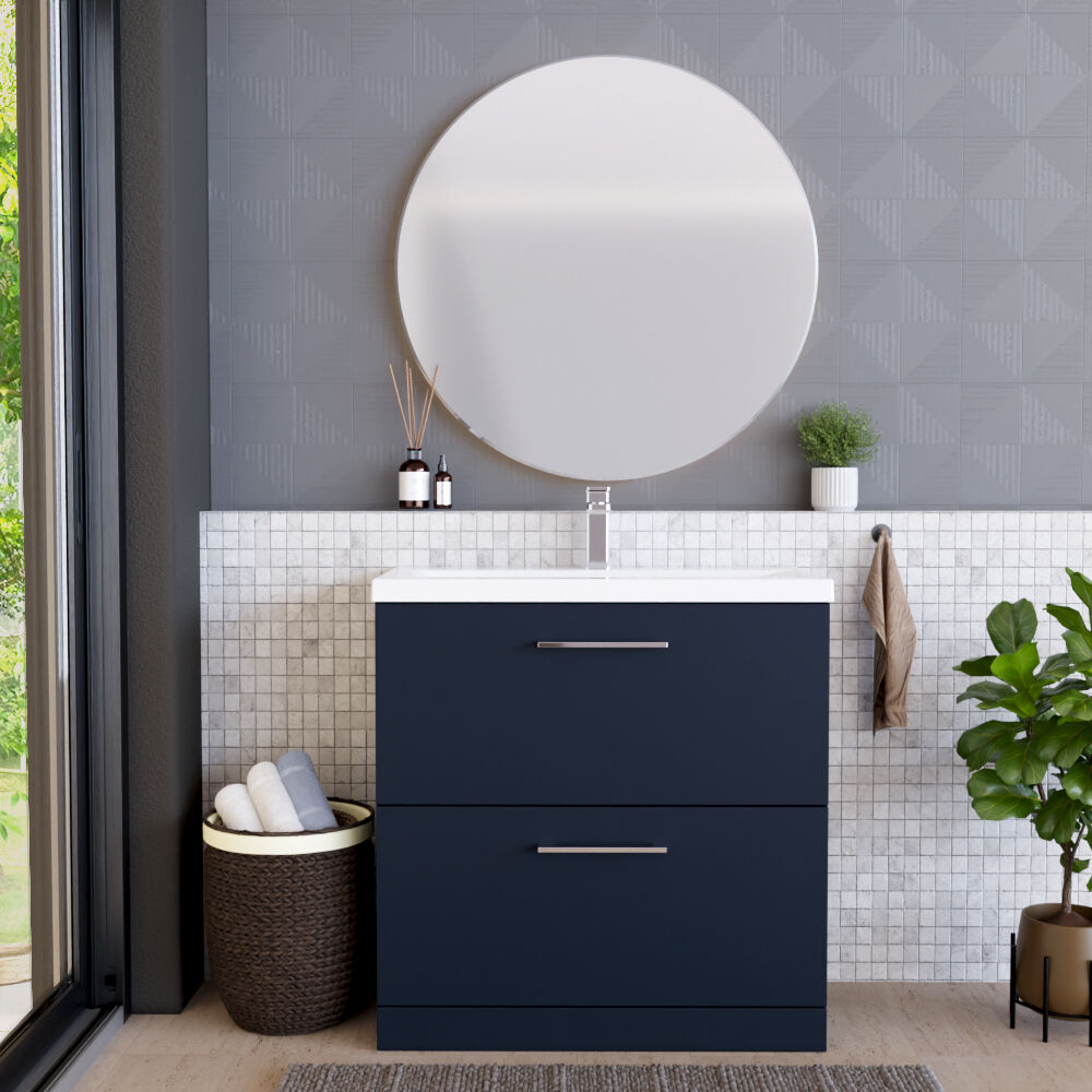 [BFLE2935A] Balterley Contemporary Bathroom Floor Standing 2 Soft-Close Drawer Vanity Unit & Mid-Edge Ceramic Basin, Midnight Blue, 800 mm - Lifestyle 1