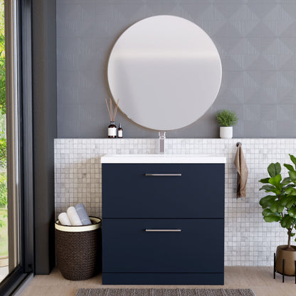 [BFLE2935A] Balterley Contemporary Bathroom Floor Standing 2 Soft-Close Drawer Vanity Unit & Mid-Edge Ceramic Basin, Midnight Blue, 800 mm - Lifestyle 1