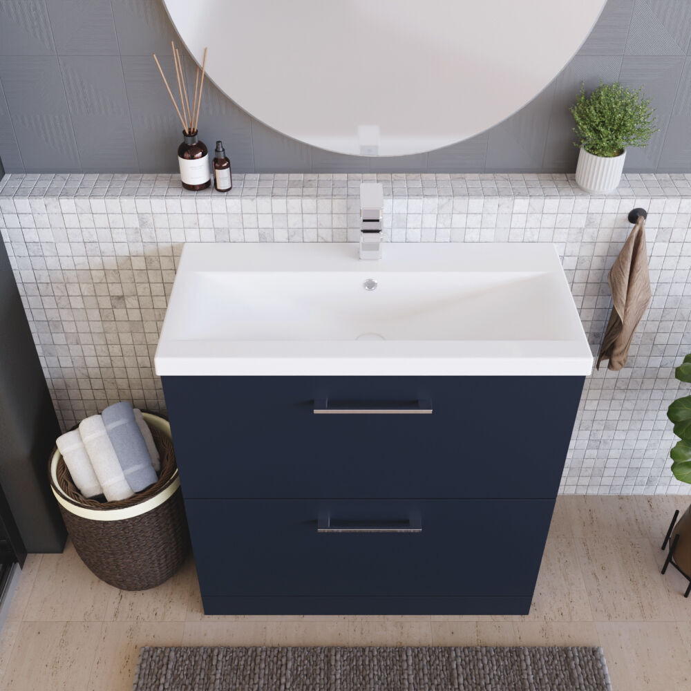 [BFLE2935A] Balterley Contemporary Bathroom Floor Standing 2 Soft-Close Drawer Vanity Unit & Mid-Edge Ceramic Basin, Midnight Blue, 800 mm - Lifestyle 2