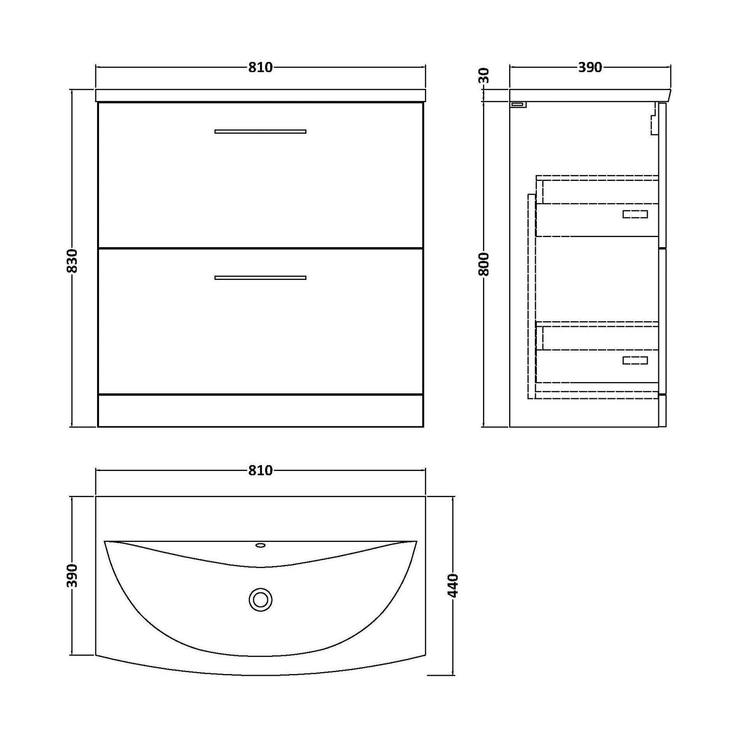 [BFLE2935G] Balterley  Modern Bathroom Floor Standing 2-Drawer Vanity & Basin, Midnight Blue, 800mm - Technical Drawing