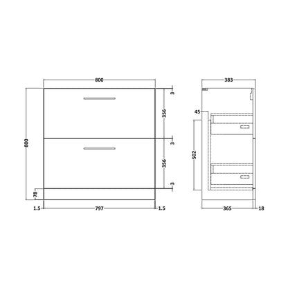 [BFLE2935] 800 FS 2-Drawer Unit (365 Deep) - Technical Drawing