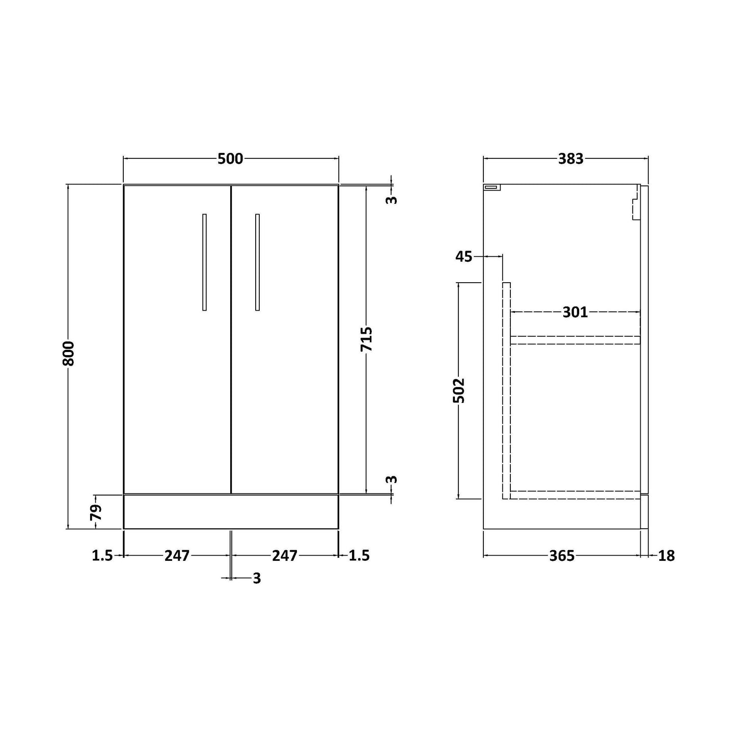 [BFLE3001C] 500 FS 2-DOOR UNIT (335 Deep) - Technical Drawing