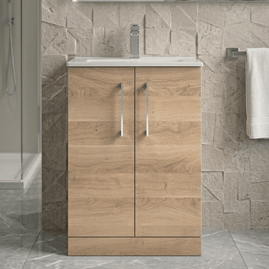 [BFLE3003B] Balterley Level Contemporary Bathroom 2 Soft Close Door & Minimalist Floor Standing Vanity Unit Basin, Bleached Oak, 600mm - Silo