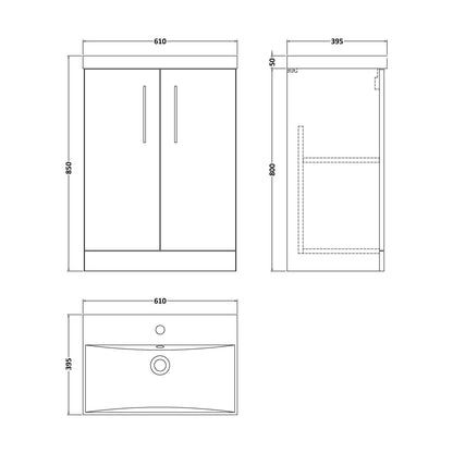 [BFLE3003D] Balterley  Contemporary Bathroom Floor Standing 2-Door Vanity & Basin, Bleached Oak, 600mm - Technical Drawing