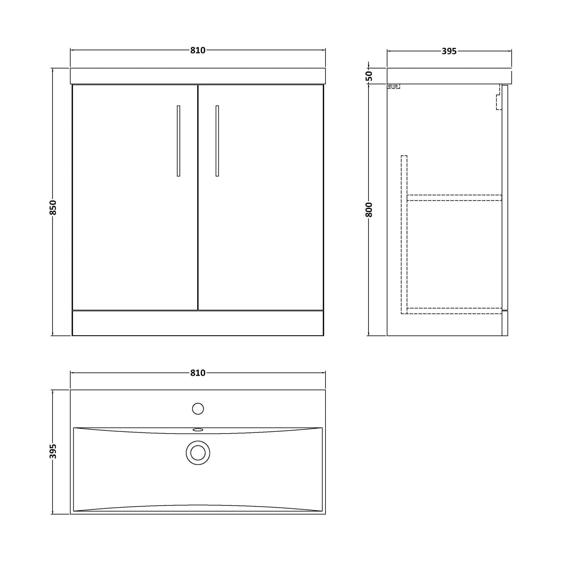 [BFLE3005D] Balterley  Contemporary Bathroom Floor Standing 2-Door Vanity & Basin, Bleached Oak, 800mm - Technical Drawing