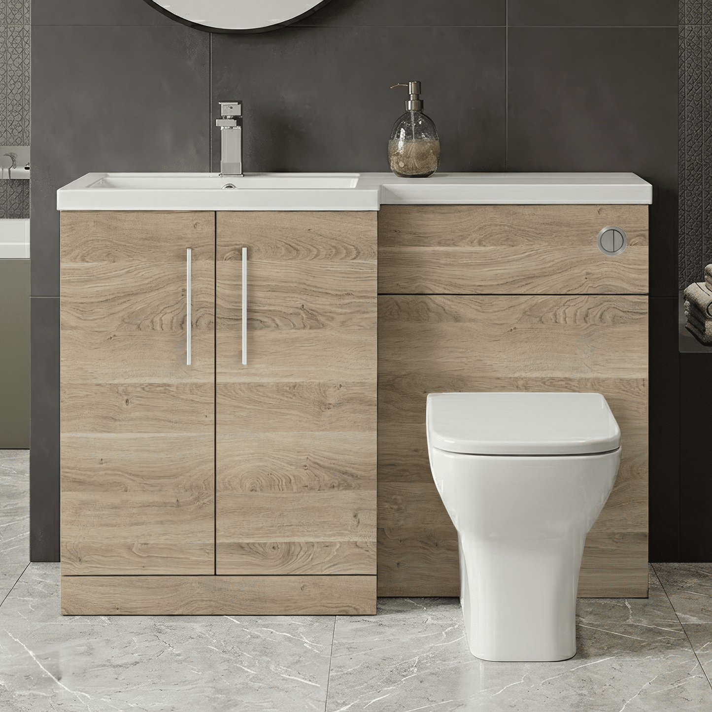 [BFLE3011L] Bramshall Combination Vanity Unit with Basin & WC, Left Hand, 1100mm x 390mm - Choice of Colour and Handle Finish - Silo