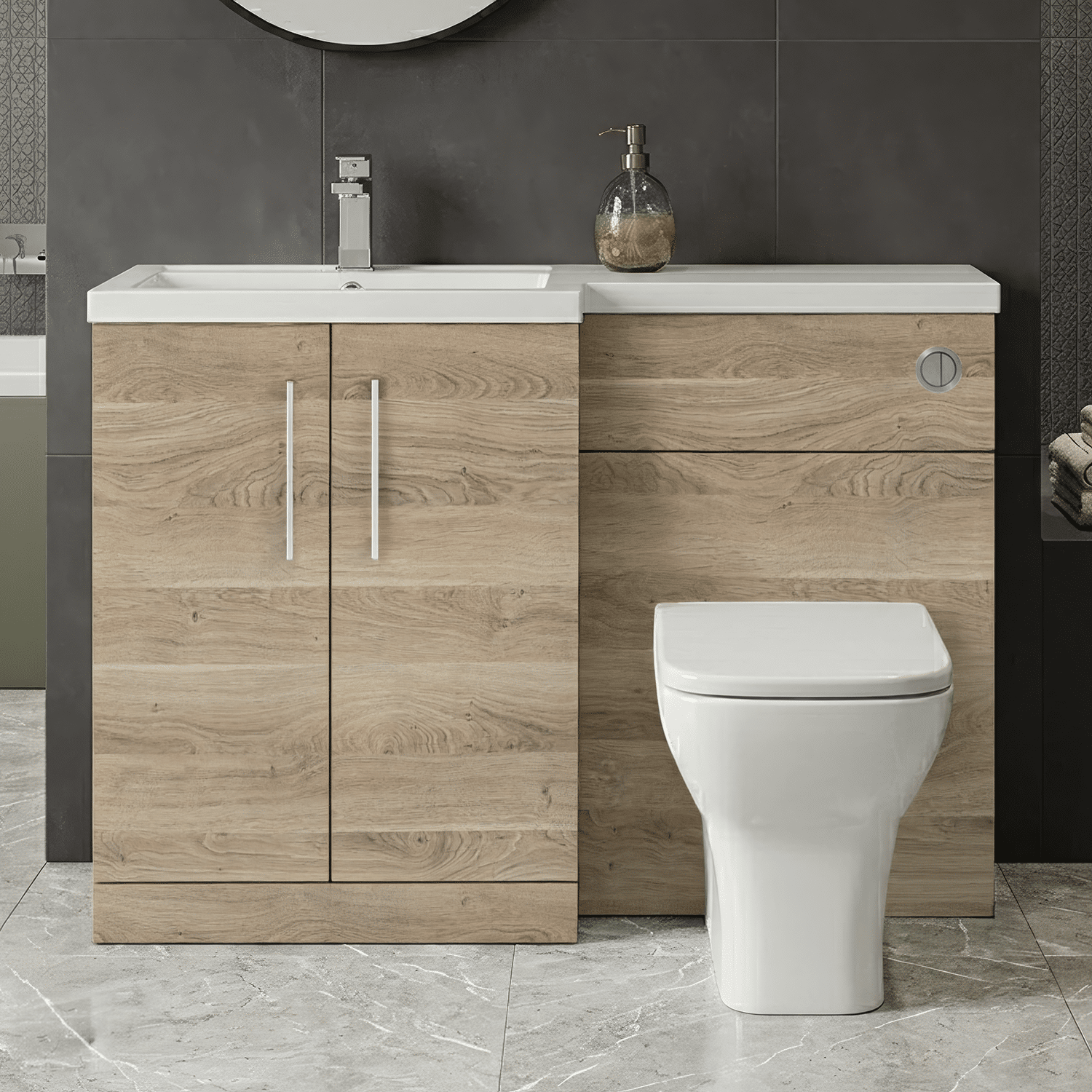 [BFLE3011L] Bramshall Combination Vanity Unit with Basin & WC, Left Hand, 1100mm x 390mm - Choice of Colour and Handle Finish - Silo