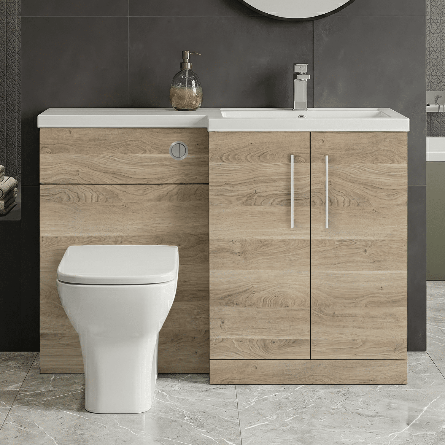 [BFLE3011R] Bramshall Combination Vanity Unit with Basin & WC, Right Hand, 1100mm x 390mm - Choice of Colour and Handle Finish - Silo