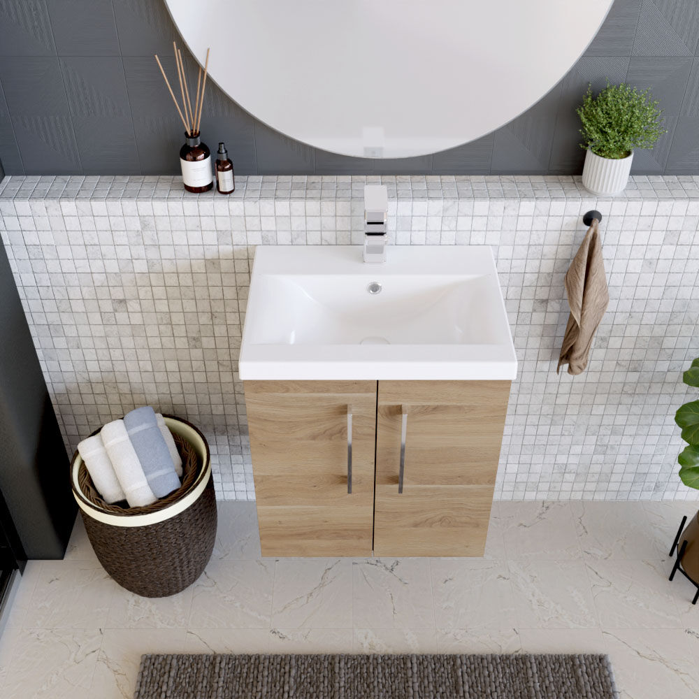 [BFLE3021A] Bramshall Contemporary 2 Door Wall Hung Vanity Basin Unit with Mid-Edge Basin, Choice of Size and Colour - Lifestyle 2