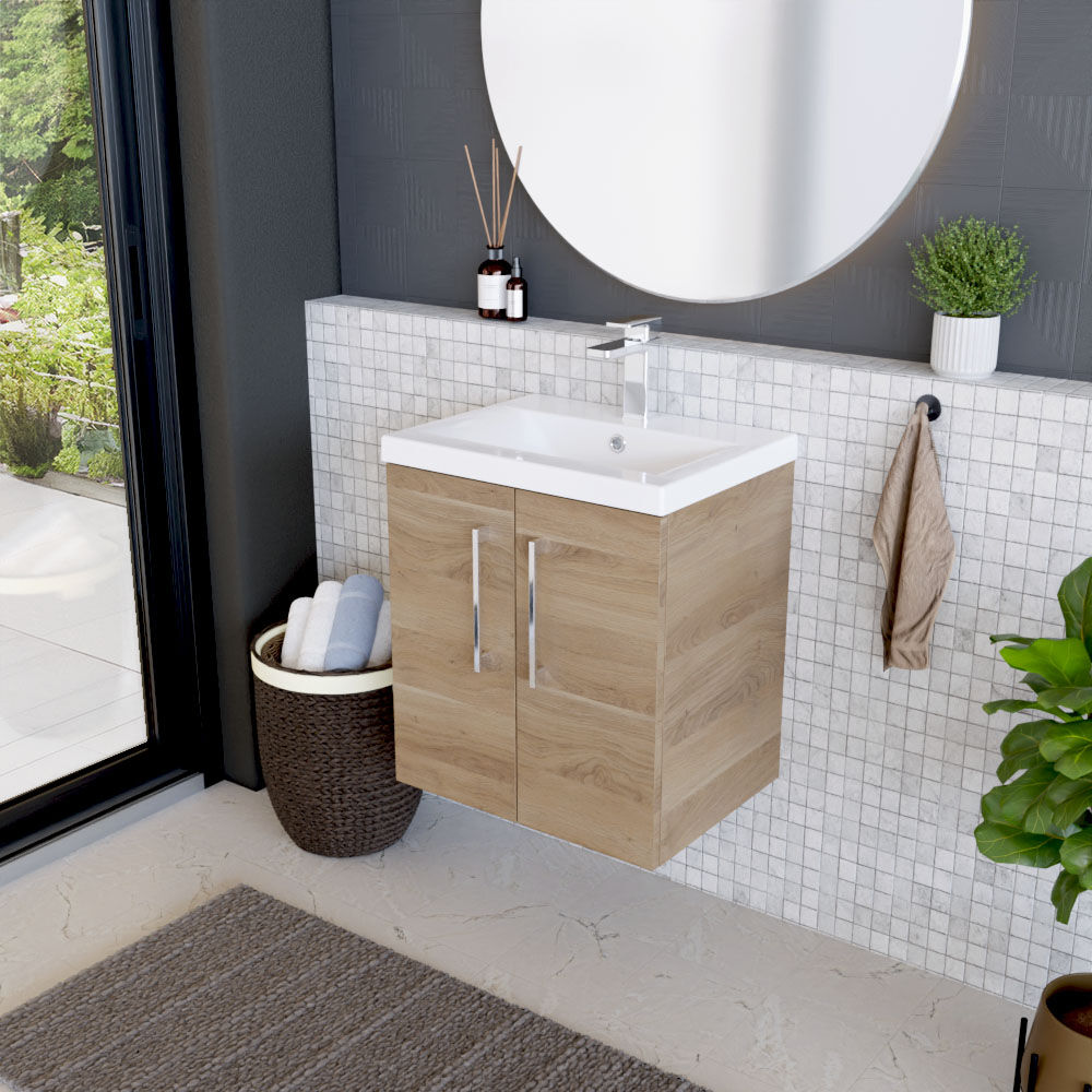 [BFLE3021A] Bramshall Contemporary 2 Door Wall Hung Vanity Basin Unit with Mid-Edge Basin, Choice of Size and Colour - Lifestyle 3