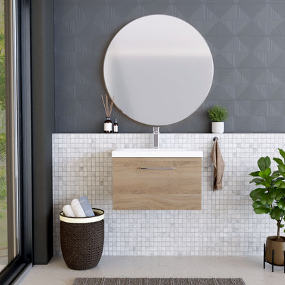 [BFLE3022A] Balterley Contemporary Bathroom Wall Hung 1 Soft-Close Drawer Vanity Unit with Mid-Edge Ceramic Basin, Bleached Oak, 600 mm - Lifestyle 1