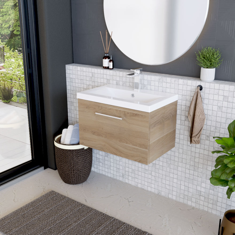 [BFLE3022A] Balterley Contemporary Bathroom Wall Hung 1 Soft-Close Drawer Vanity Unit with Mid-Edge Ceramic Basin, Bleached Oak, 600 mm - Lifestyle 3