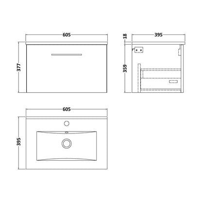 [BFLE3022B] Balterley  Contemporary Bathroom 1 Soft Close Drawer & Minimalist Wall Hung Vanity Unit Basin, Bleached Oak, 600mm - Technical Drawing