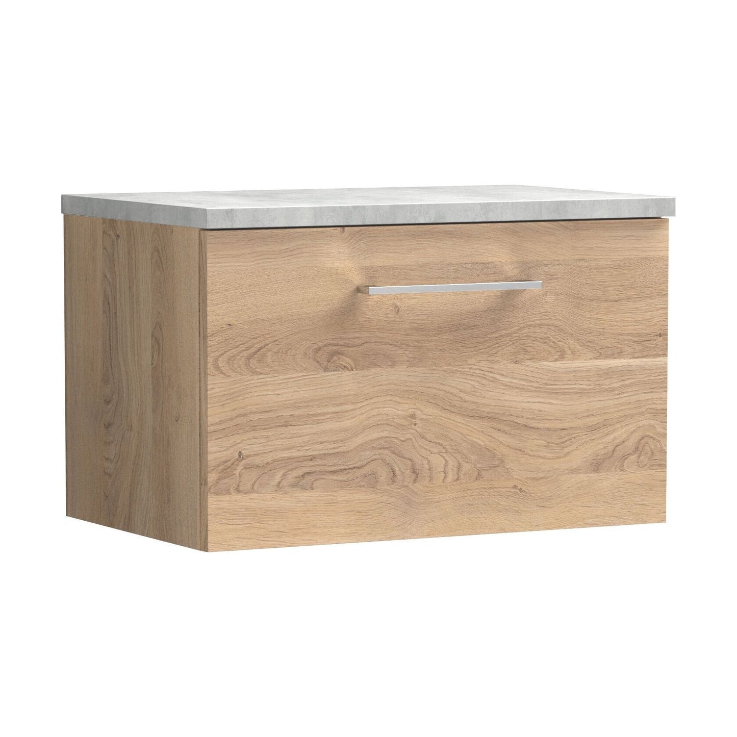 [BFLE3022LBG] Balterley Level 600mm Wall Hung 1 Drawer Vanity Unit with Laminate Worktop for Stylish Compact Bathroom Storage - Bleached Oak - Cutout