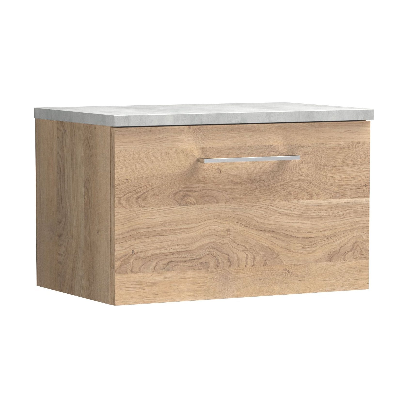[BFLE3022LBG] Balterley Level 600mm Wall Hung 1 Drawer Vanity Unit with Laminate Worktop for Stylish Compact Bathroom Storage - Bleached Oak - Cutout