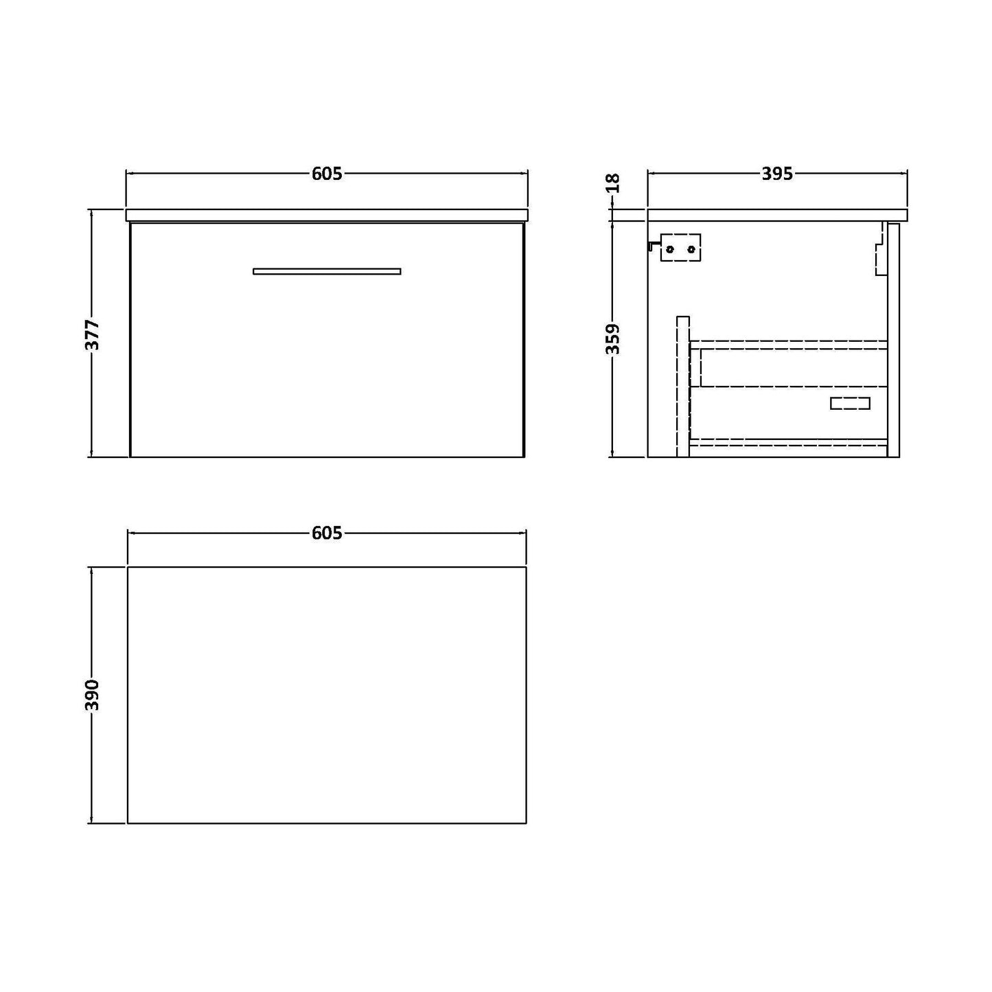[BFLE3022W] Balterley Level Modern Bathroom 600mm Wall Hung 1-Drawer Vanity Unit with Worktop, Soft Close Drawer, Bleached Oak - Technical Drawing