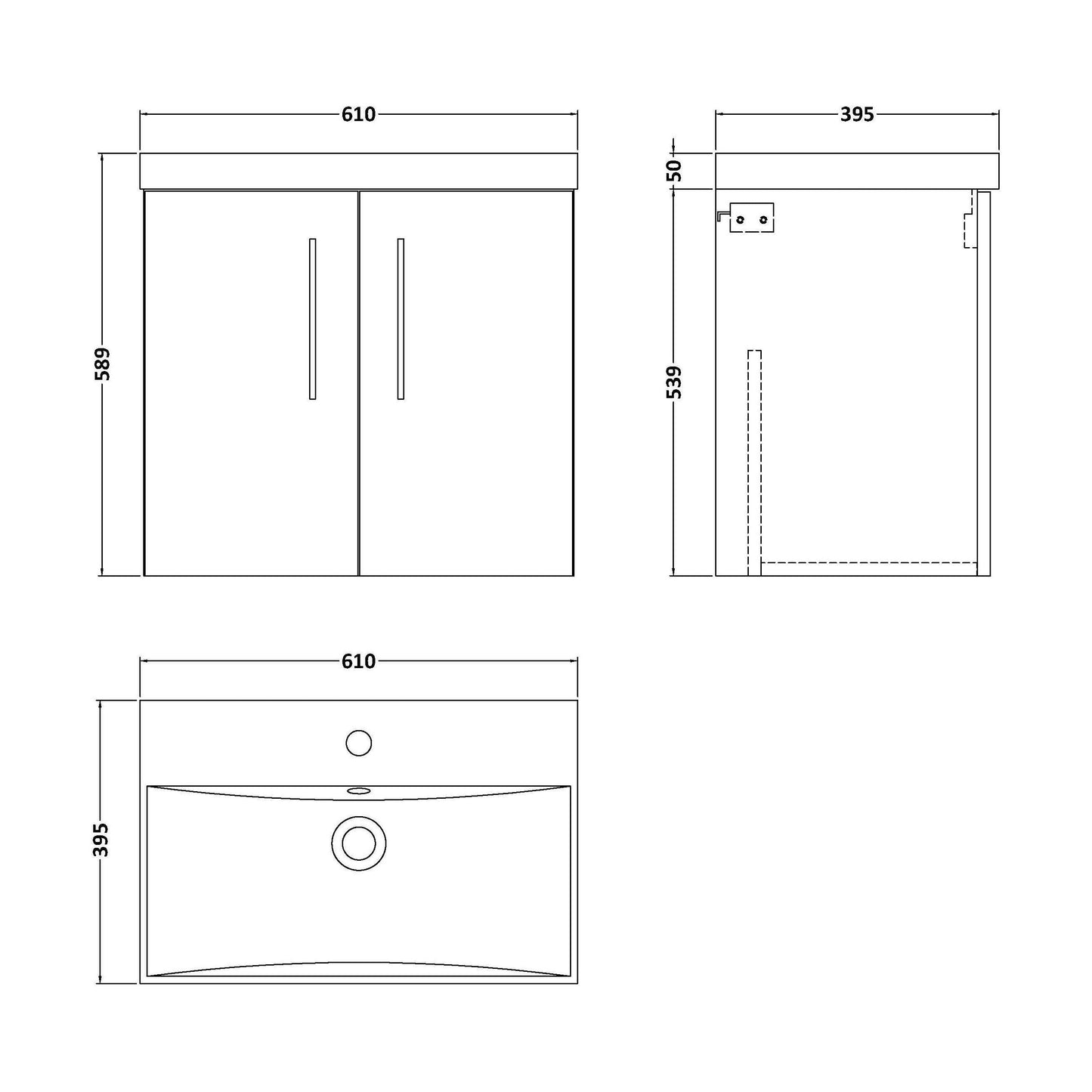 [BFLE3023D] Balterley  Contemporary Bathroom Wall Hung 2-Door Vanity & Basin, Bleached Oak, 600mm - Technical Drawing