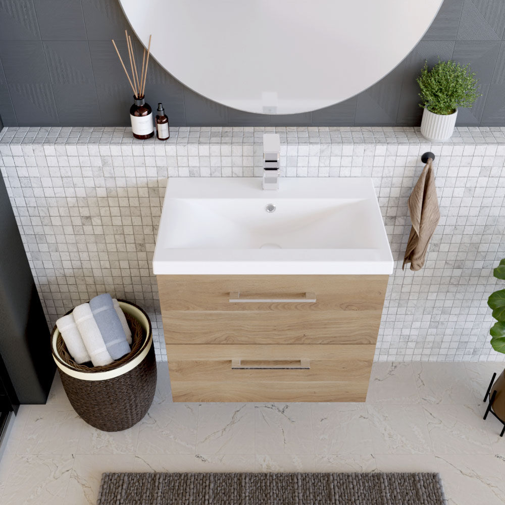 [BFLE3024A] Balterley Contemporary Bathroom Wall Hung 2 Soft-Close Drawer Vanity Unit with Mid-Edge Ceramic Basin, Bleached Oak, 600 mm - Lifestyle 2