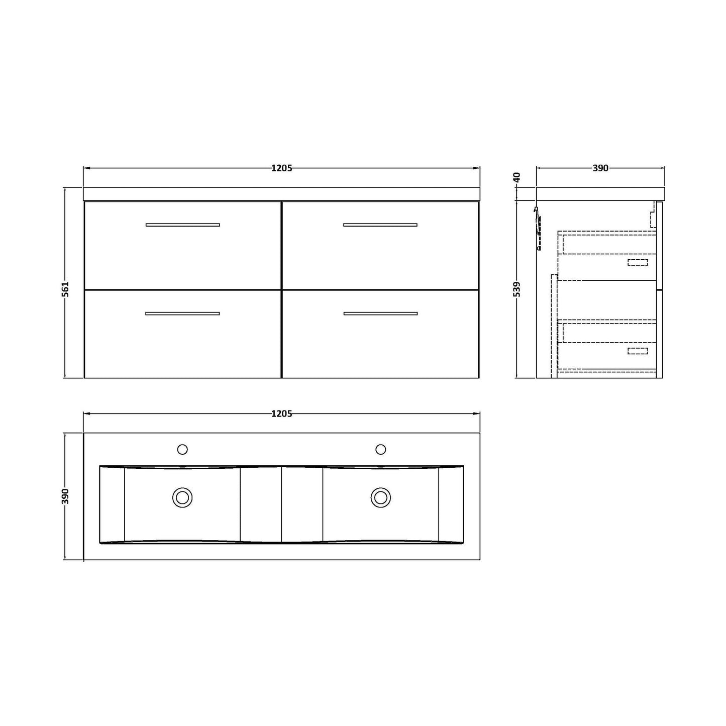 [BFLE3024F2] Balterley Level 1200mm Wall Hung 4-Drawer Vanity Unit with Double Basin for Modern Bathroom Storage - Gloss White - Technical Drawing