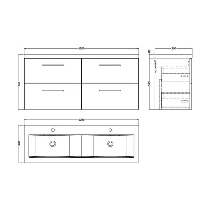 [BFLE3024F2] Balterley Level 1200mm Wall Hung 4-Drawer Vanity Unit with Double Basin for Modern Bathroom Storage - Gloss White - Technical Drawing