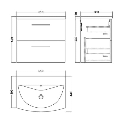 [BFLE3024G] Balterley  Modern Bathroom Wall Hung 2-Drawer Vanity & Basin, Bleached Oak, 600mm - Technical Drawing