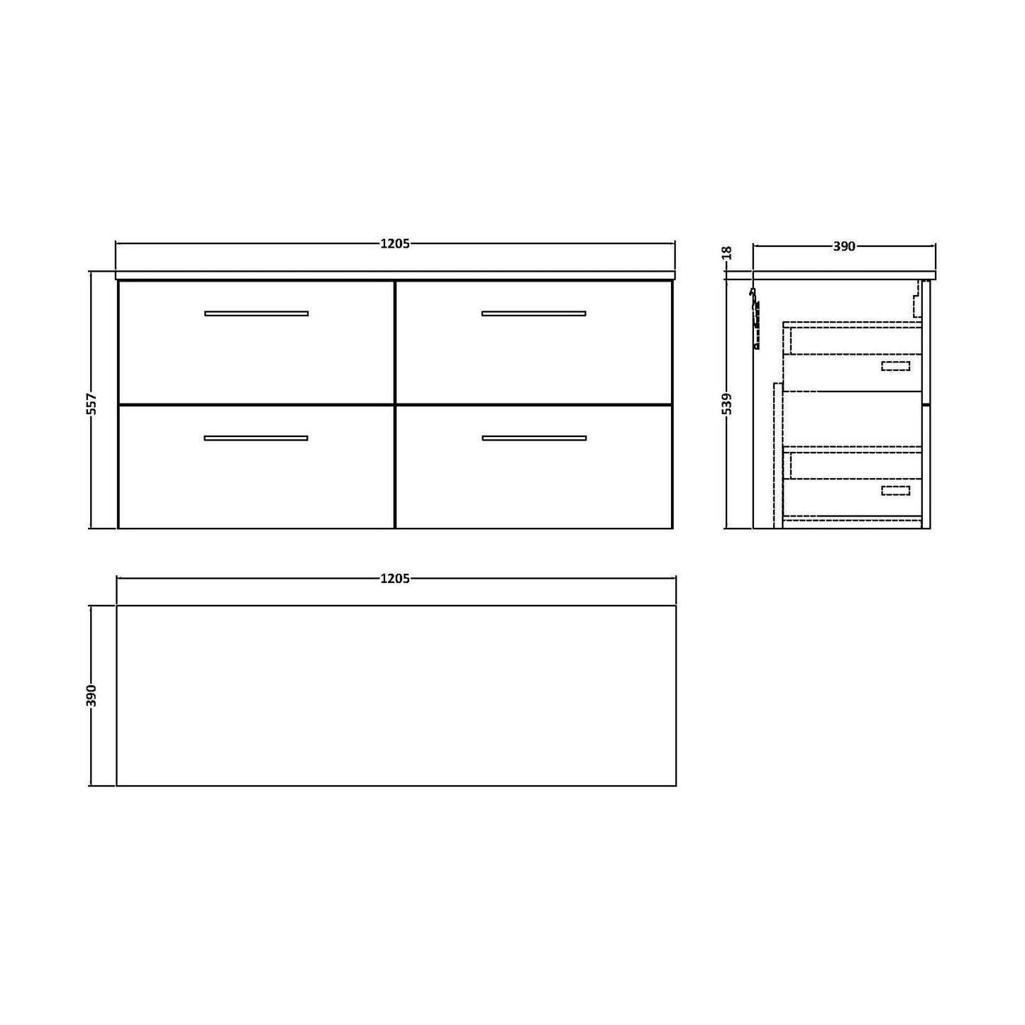 [BFLE3024W2] Balterley Level Modern Bathroom 1200mm Wall Hung 4 Soft Close Drawer Vanity Unit with Worktop, 558 x 1205 x 390mm, Bleached Oak - Technical Drawing