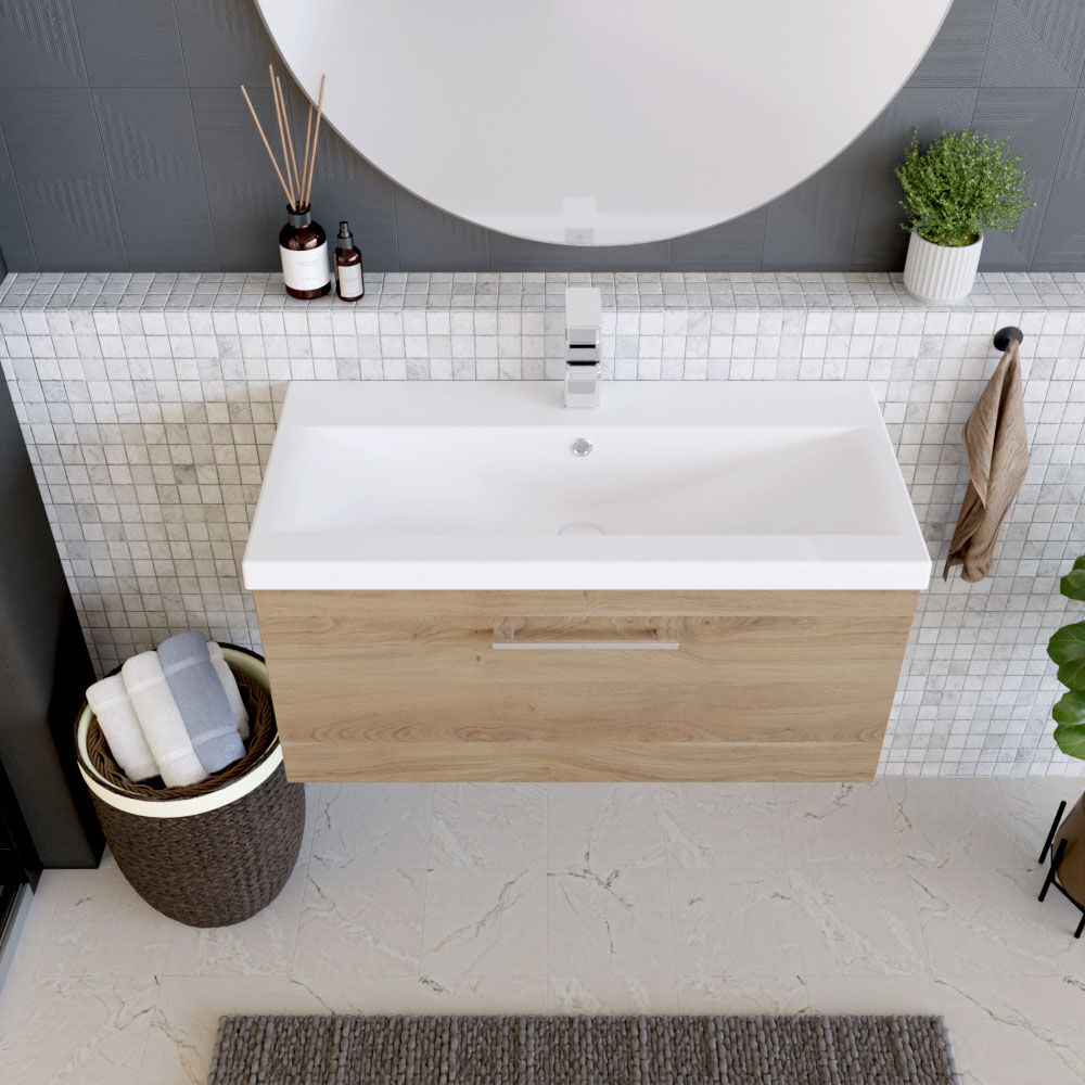 [BFLE3025A] Balterley Contemporary Bathroom Wall Hung 1 Soft-Close Drawer Vanity Unit & Mid-Edge Ceramic Basin, Bleached Oak, 800 mm - Lifestyle 2