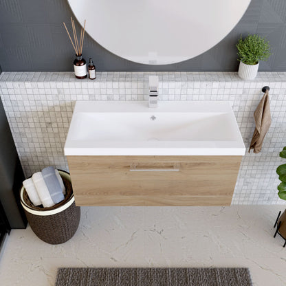 [BFLE3025A] Balterley Contemporary Bathroom Wall Hung 1 Soft-Close Drawer Vanity Unit & Mid-Edge Ceramic Basin, Bleached Oak, 800 mm - Lifestyle 2