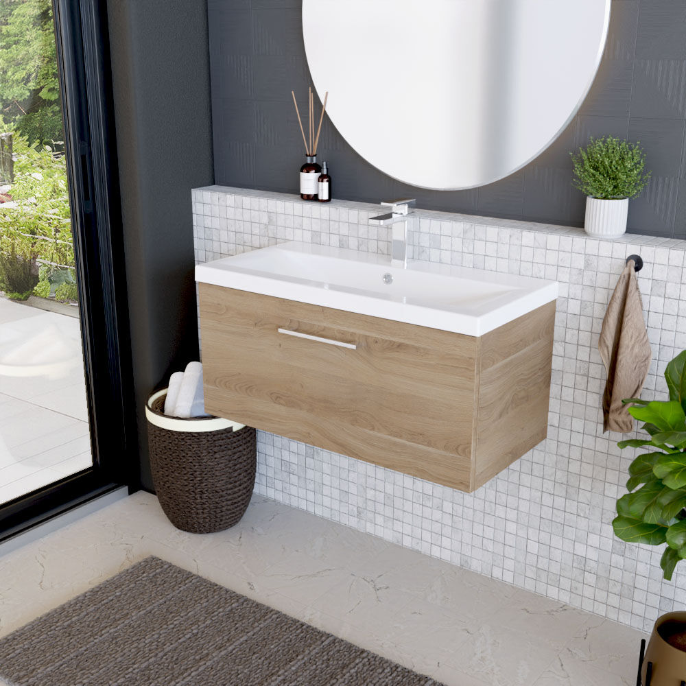 [BFLE3025A] Balterley Contemporary Bathroom Wall Hung 1 Soft-Close Drawer Vanity Unit & Mid-Edge Ceramic Basin, Bleached Oak, 800 mm - Lifestyle 3