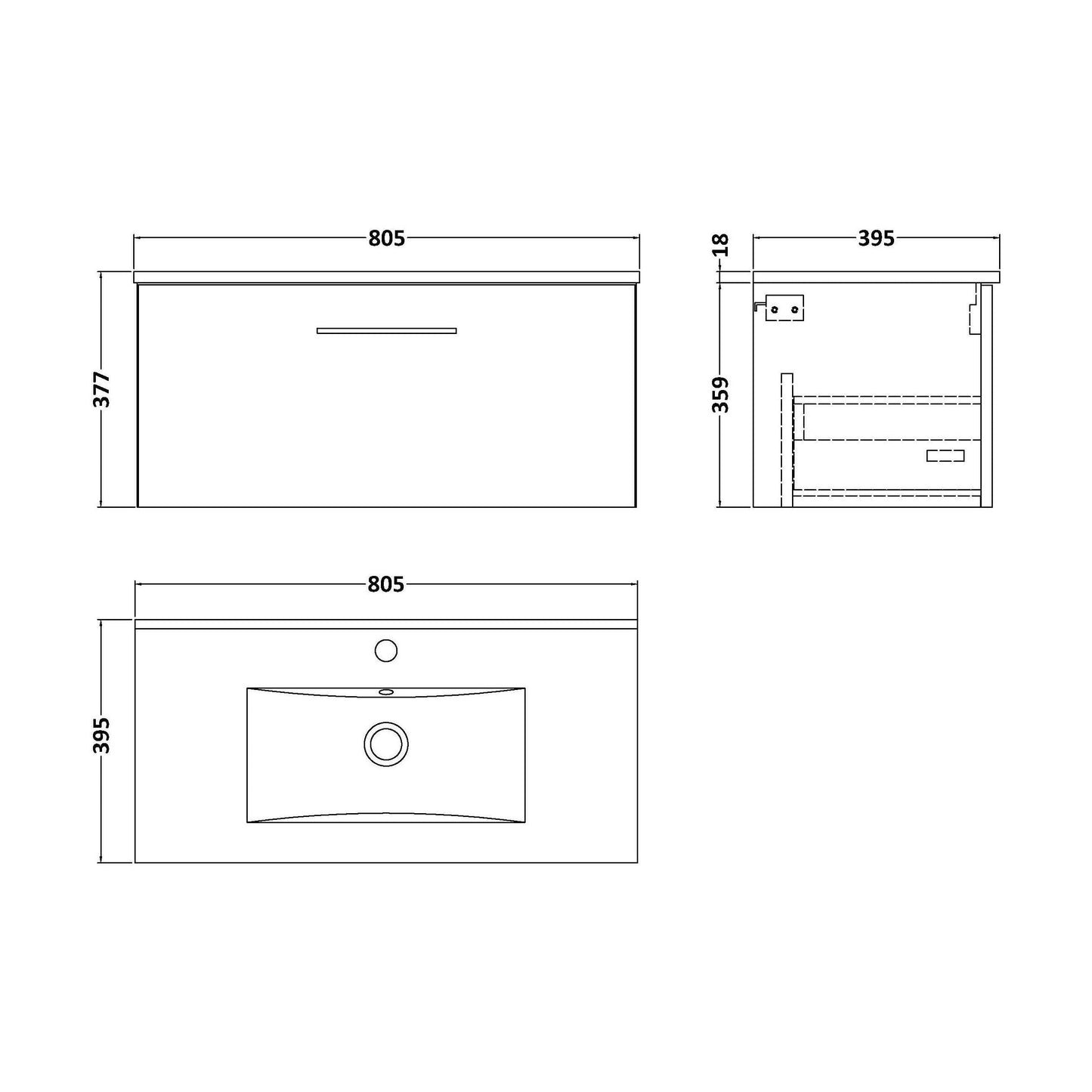 [BFLE3025B] Balterley Level Contemporary Bathroom 1 Soft Close Drawer & Minimalist Wall Hung Vanity Unit Basin, Light Oak, 800mm - Technical Drawing