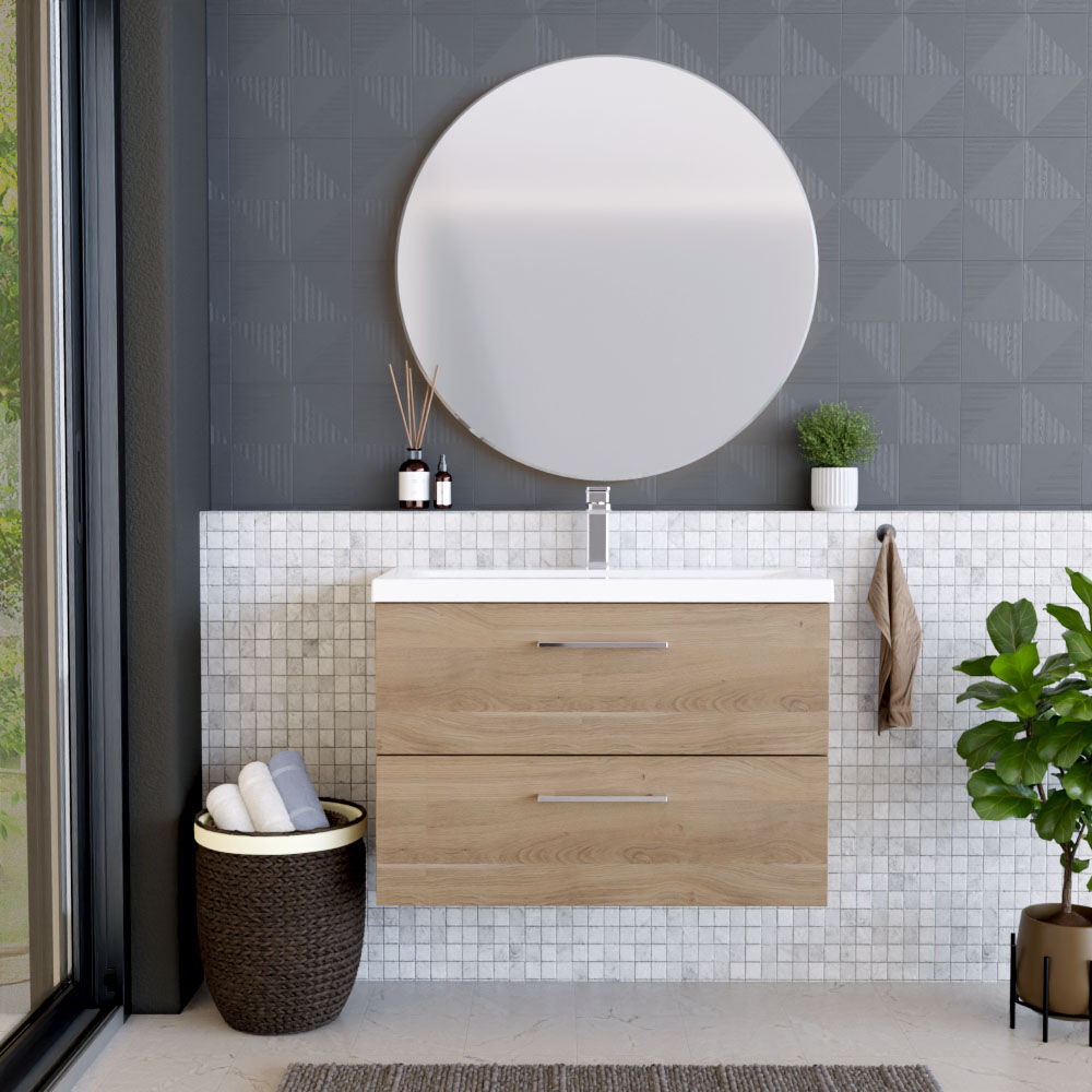 [BFLE3026A] Balterley Contemporary Bathroom Wall Hung 2 Soft-Close Drawer Vanity Unit & Mid-Edge Ceramic Basin, Bleached Oak, 800 mm - Lifestyle 1