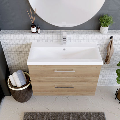 [BFLE3026A] Balterley Contemporary Bathroom Wall Hung 2 Soft-Close Drawer Vanity Unit & Mid-Edge Ceramic Basin, Bleached Oak, 800 mm - Lifestyle 2