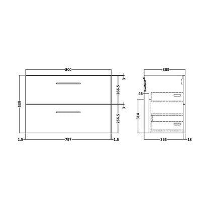 [BFLE3026] 800 WH 2-Drawer Unit (365 Deep) - Technical Drawing