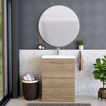 [BFLE3033A] Balterley Contemporary Bathroom Floor Standing 2 Soft-Close Drawer Vanity Unit & Mid-Edge Ceramic Basin, Bleached Oak, 600 mm - Lifestyle 1