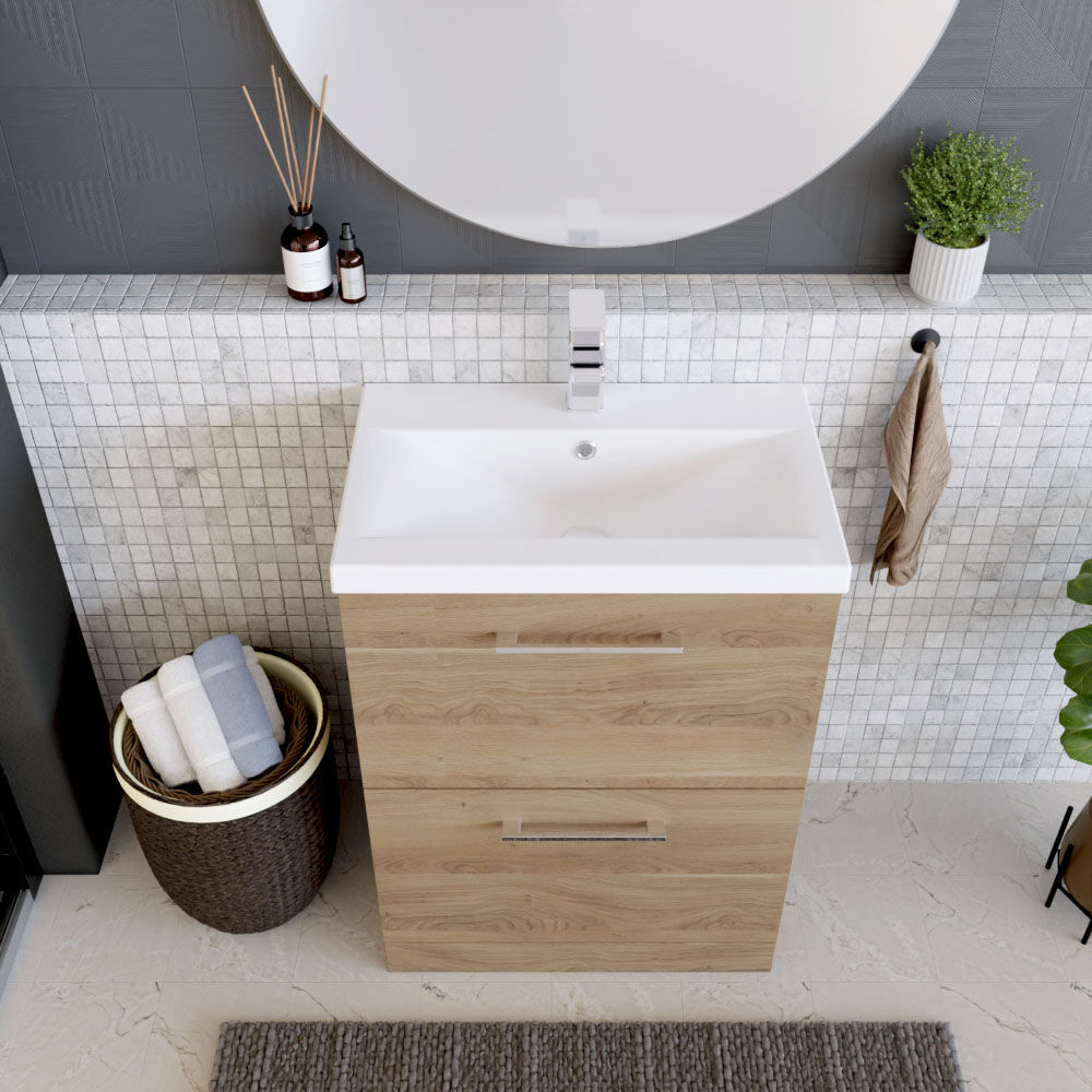 [BFLE3033A] Balterley Contemporary Bathroom Floor Standing 2 Soft-Close Drawer Vanity Unit & Mid-Edge Ceramic Basin, Bleached Oak, 600 mm - Lifestyle 2