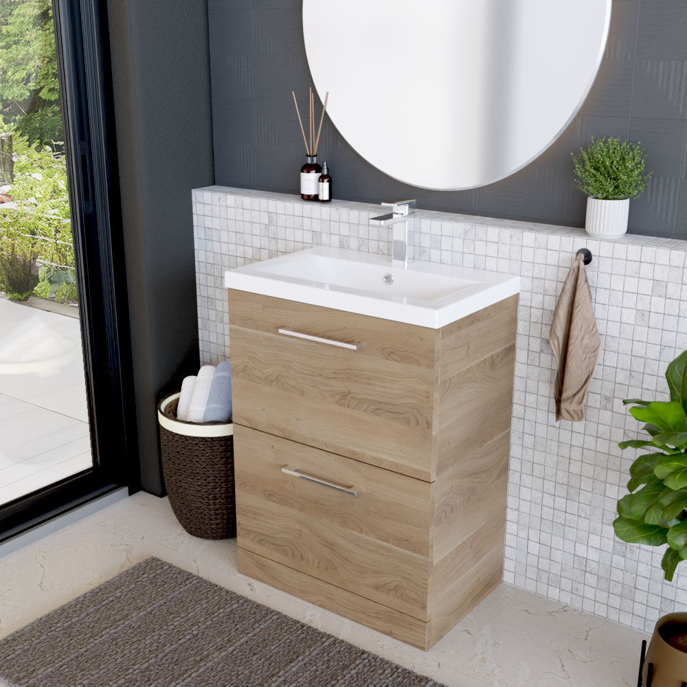 [BFLE3033A] Balterley Contemporary Bathroom Floor Standing 2 Soft-Close Drawer Vanity Unit & Mid-Edge Ceramic Basin, Bleached Oak, 600 mm - Lifestyle 3
