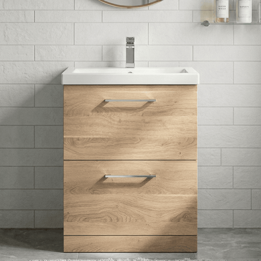 [BFLE3033A] Balterley Contemporary Bathroom Floor Standing 2 Soft-Close Drawer Vanity Unit & Mid-Edge Ceramic Basin, Bleached Oak, 600 mm - Silo