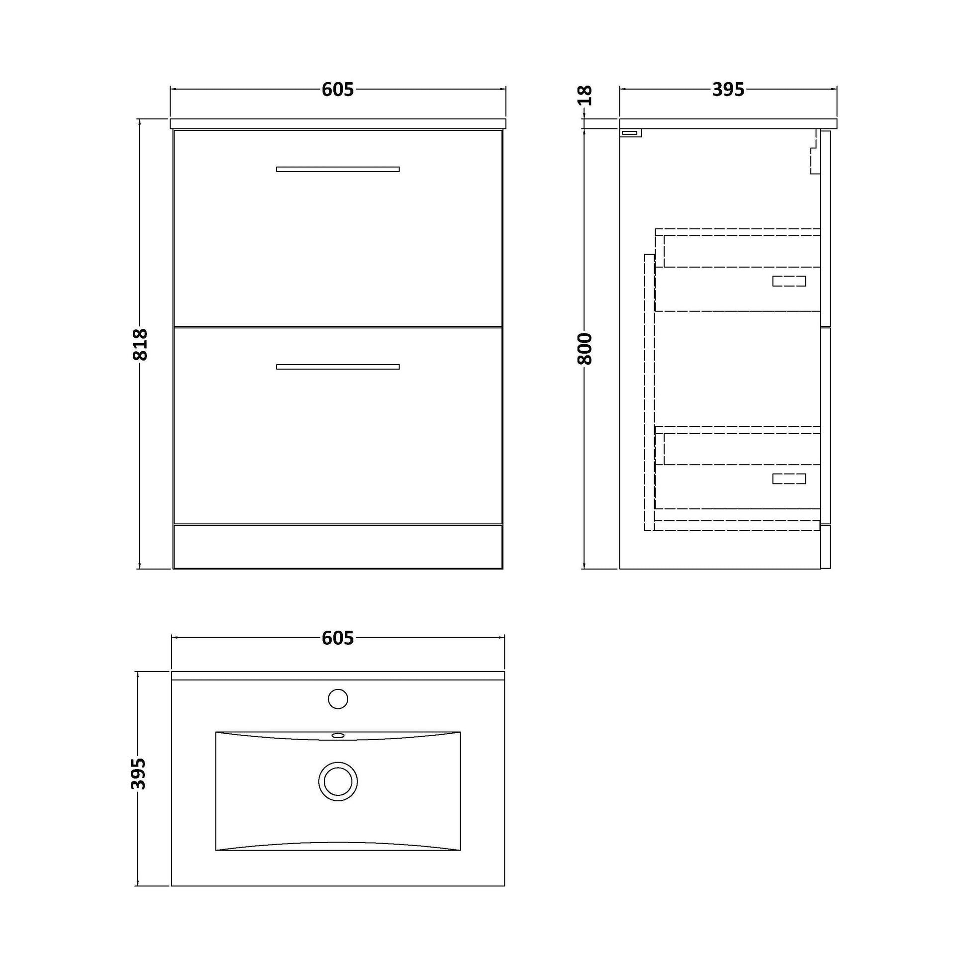 [BFLE3033B] Balterley  Contemporary Bathroom 2 Soft Close Drawer & Minimalist Floor Standing Vanity Unit Basin, Bleached Oak, 600mm - Technical Drawing