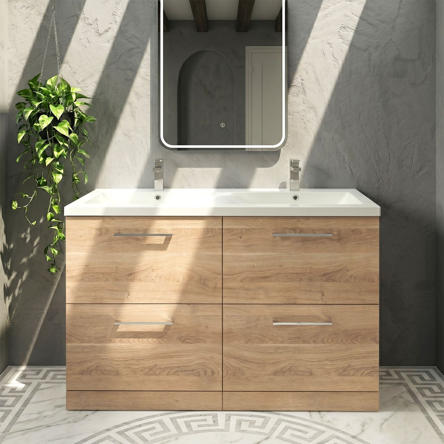 [BFLE3033F2] Balterley Level 1200mm Floor Standing 4 Drawer Vanity Unit with Double Basin, Handles & Overflow for Bathroom Storage Gloss White - Silo