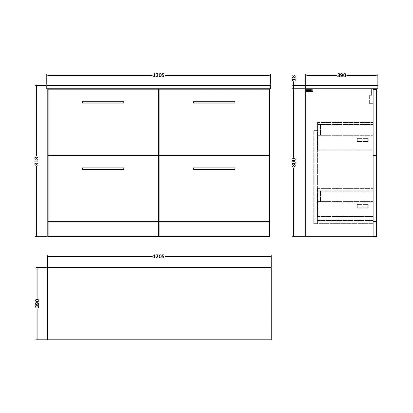 [BFLE3033W2] Balterley Level Modern Bathroom 4 Drawer Floor Standing Vanity Unit with Worktop & Handles, Bleached Oak, 1205 mm - Technical Drawing