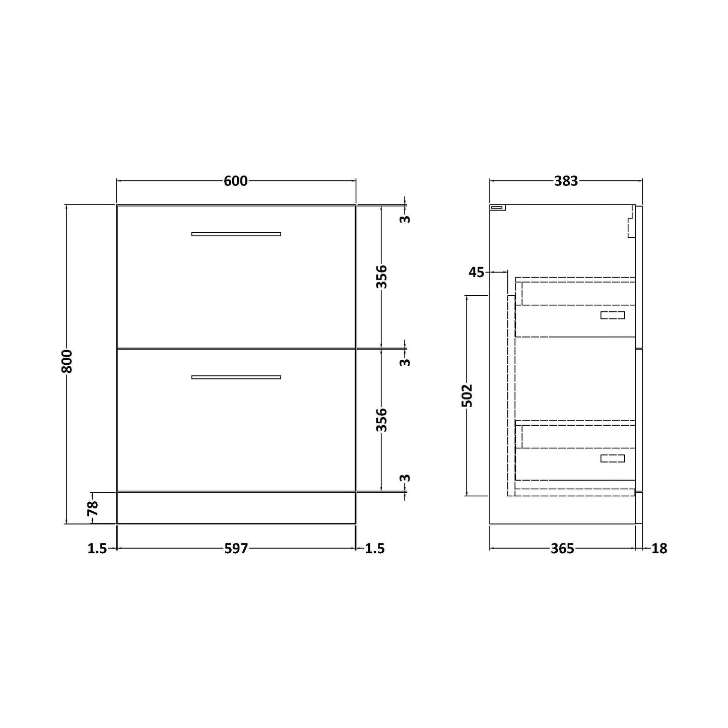 [BFLE3033] 600 FS 2-Drawer Unit (365 Deep) - Technical Drawing