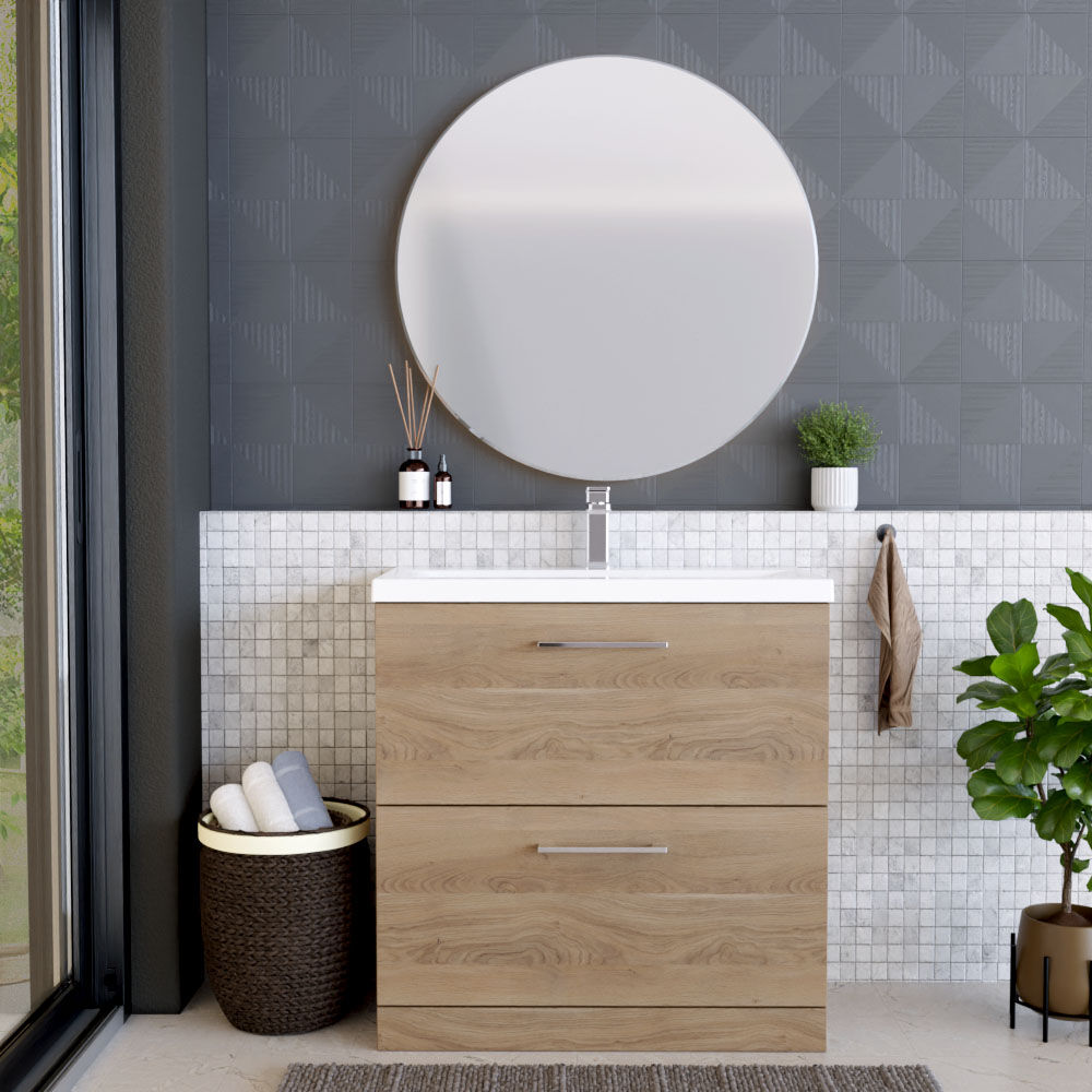 [BFLE3035A] Balterley Contemporary Bathroom Floor Standing 2 Soft-Close Drawer Vanity Unit & Mid-Edge Ceramic Basin, Bleached Oak, 800 mm - Lifestyle 1