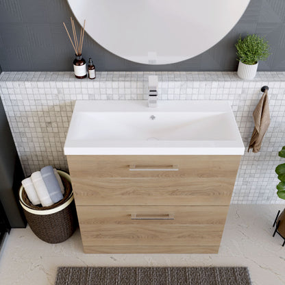 [BFLE3035A] Balterley Contemporary Bathroom Floor Standing 2 Soft-Close Drawer Vanity Unit & Mid-Edge Ceramic Basin, Bleached Oak, 800 mm - Lifestyle 2
