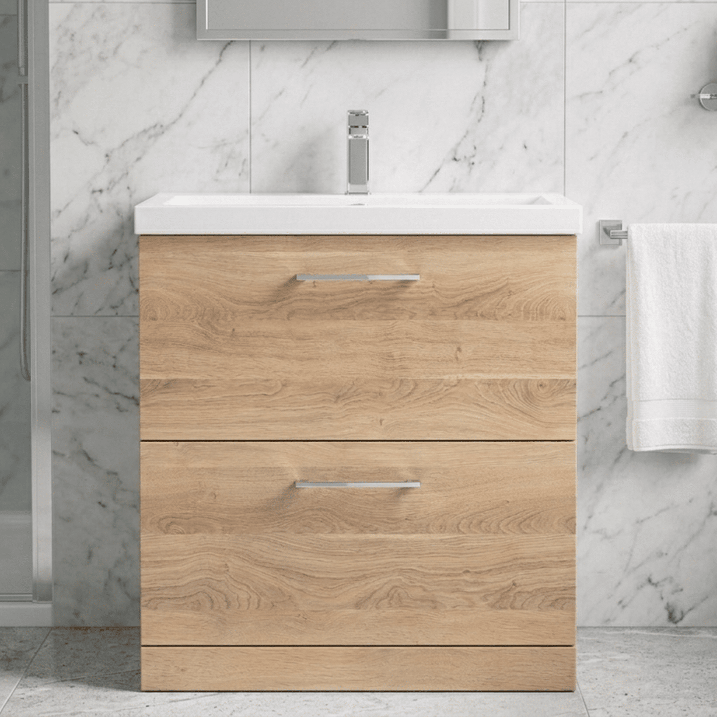 [BFLE3035A] Balterley Contemporary Bathroom Floor Standing 2 Soft-Close Drawer Vanity Unit & Mid-Edge Ceramic Basin, Bleached Oak, 800 mm - Silo