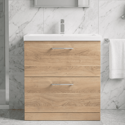 [BFLE3035A] Balterley Contemporary Bathroom Floor Standing 2 Soft-Close Drawer Vanity Unit & Mid-Edge Ceramic Basin, Bleached Oak, 800 mm - Silo