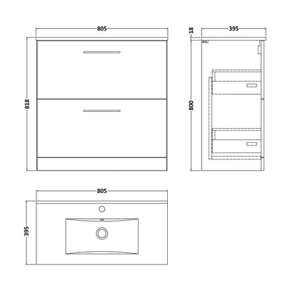 [BFLE3035B] Balterley  Contemporary Bathroom 2 Soft Close Drawer & Minimalist Floor Standing Vanity Unit Basin, Bleached Oak, 800mm - Technical Drawing
