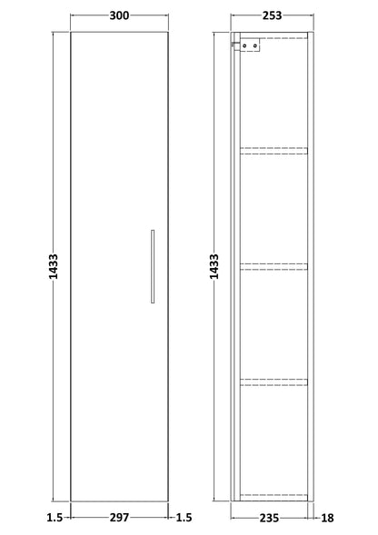 [BFLE3061] Bramshall 300mm Wall Hung 1 Door Tall Unit - Choice of Colour and Handle Finish - Technical Drawing